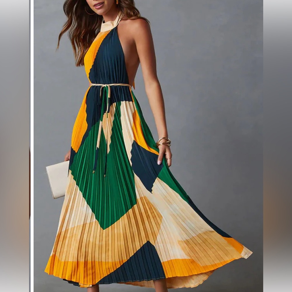 Abstract Geometric Print Pleated Halter Backless Midi Dress